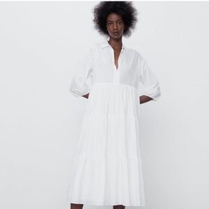 Zara shirt collar tiered white maxi dress/cover-up
